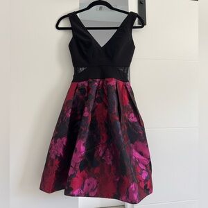 Xscape Black and Pink Fit and Flare Cocktail Dress w Mesh Cutouts